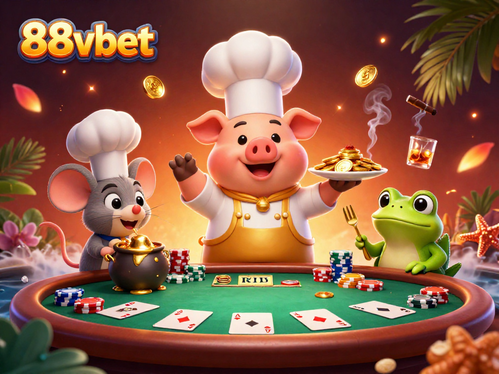 Bet on 88vbet with excitement as a chef pig serves gold coins surrounded by poker elements.