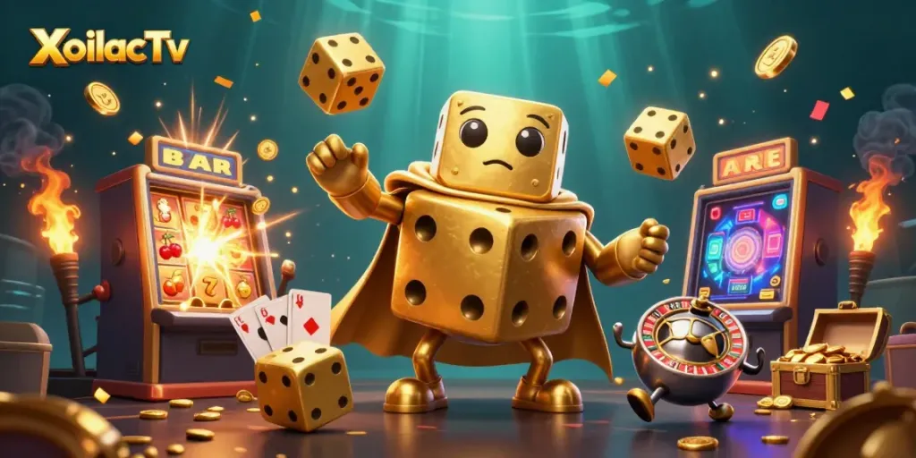 XoilacTv showcases a vibrant scene with a golden dice golem and colorful casino symbols, engaging bettors in exciting play.