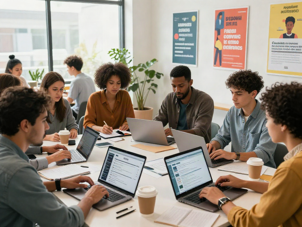 หางาน collaboration in a modern co-working space with diverse job seekers.