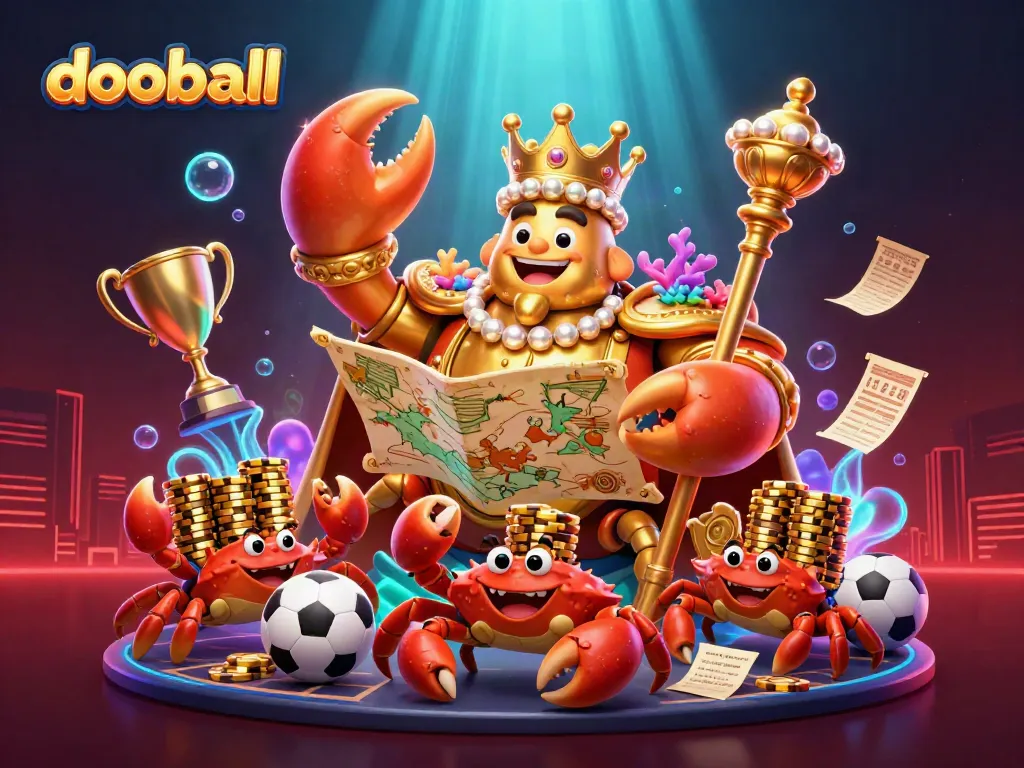 Experience dooball live betting with vibrant sports-themed 3D illustration featuring golden crab emperor and treasures.