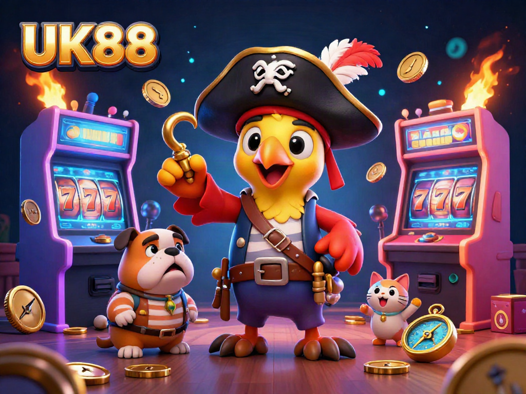 Engage with UK88's vibrant 3D pirate-themed casino scene featuring interactive game machines.