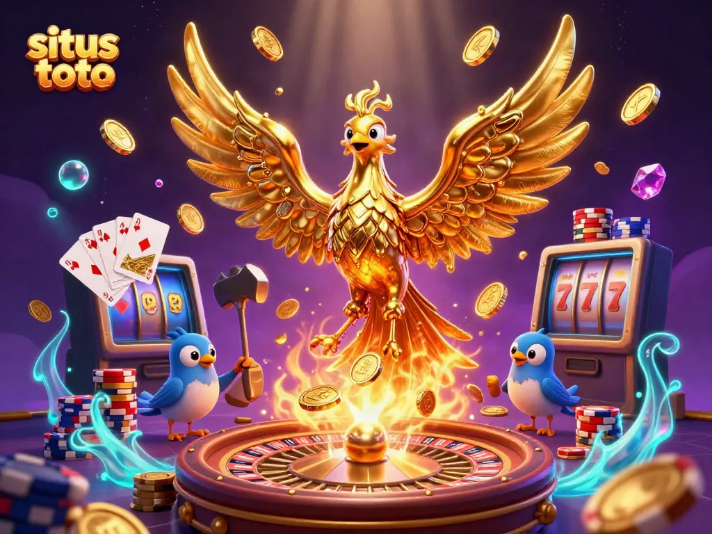 Experience the excitement with situs toto as a golden phoenix creates coins, surrounded by casino elements.