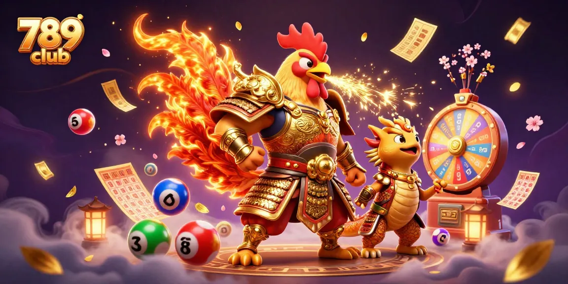 Engage in thrilling games at 789 club, where a warrior rooster and dragon foster an exciting casino adventure.