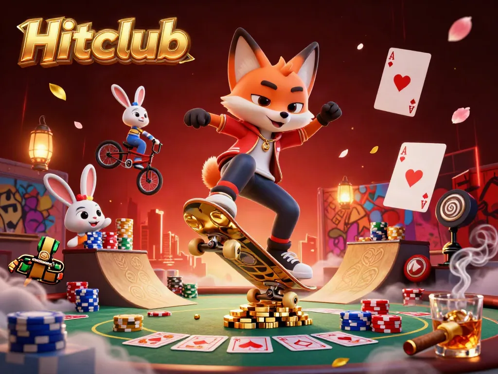 Hitclub's vibrant gaming scene with a skateboarding fox and BMX rabbit amidst casino elements.
