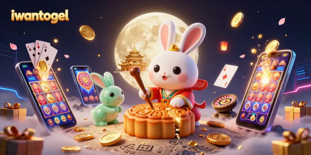 iwantogel features a lively moon rabbit scene with vibrant casino elements for online gaming.