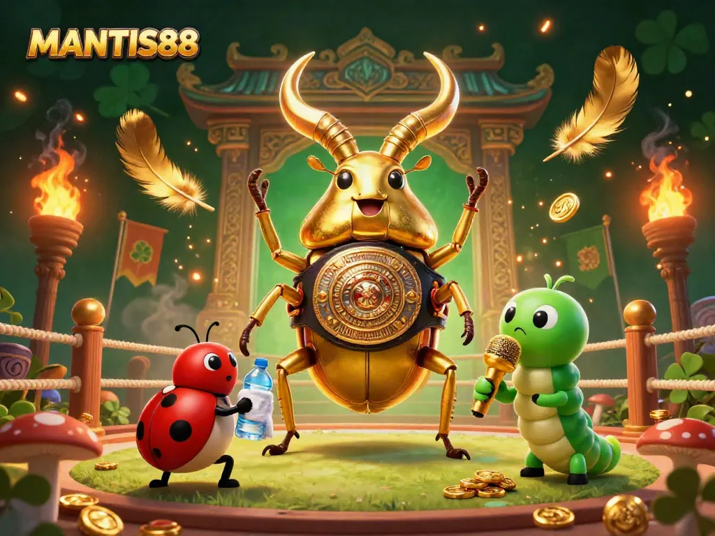 MANTIS88 engaging players with a dynamic golden stag beetle champion in a vibrant casino scene.