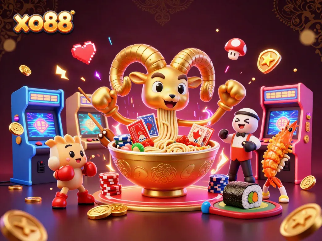 Engage with xo88’s exhilarating gaming vibe, a vibrant illustration showcasing thrilling casino activities.