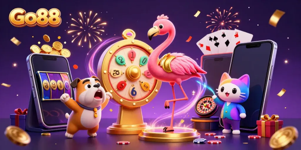 Experience thrilling gameplay with Go88's dynamic casino vibes featuring a lively game host and prizes!