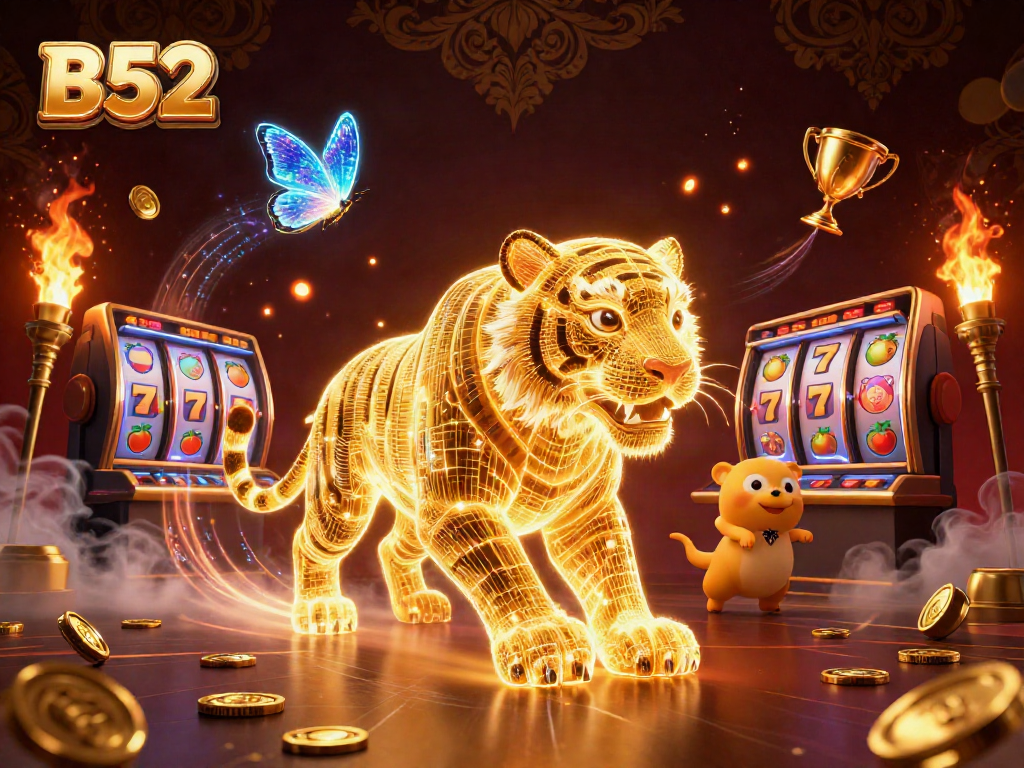 Engage with B52 slots as the golden tiger prowls amidst vibrant casino elements and fiery energy.
