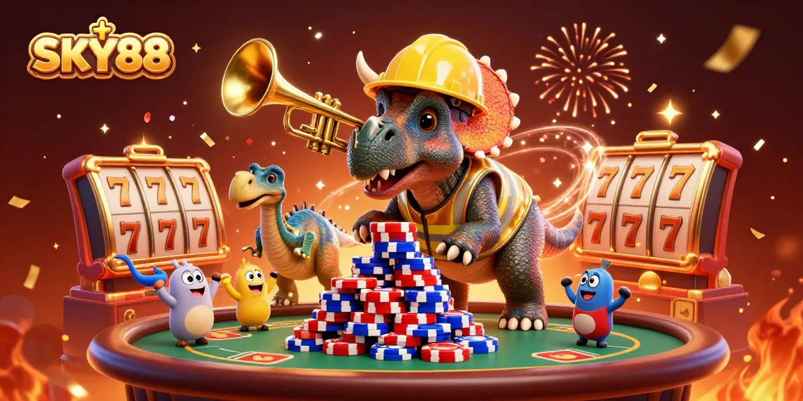 Engage with the vibrant SKY88 casino scene featuring a triceratops celebrating big wins.