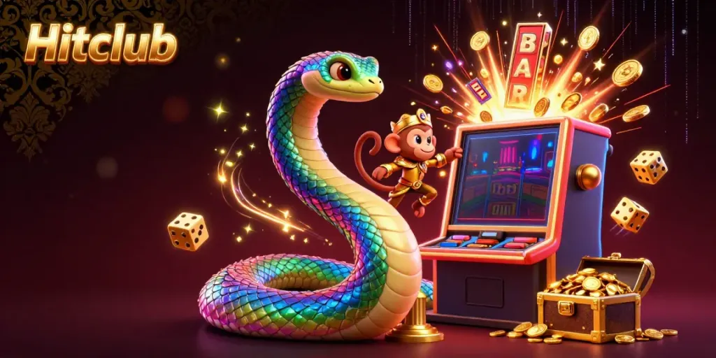 Hitclub slot machine theme dazzling with gold coins and vibrant characters in a magical casino scene.