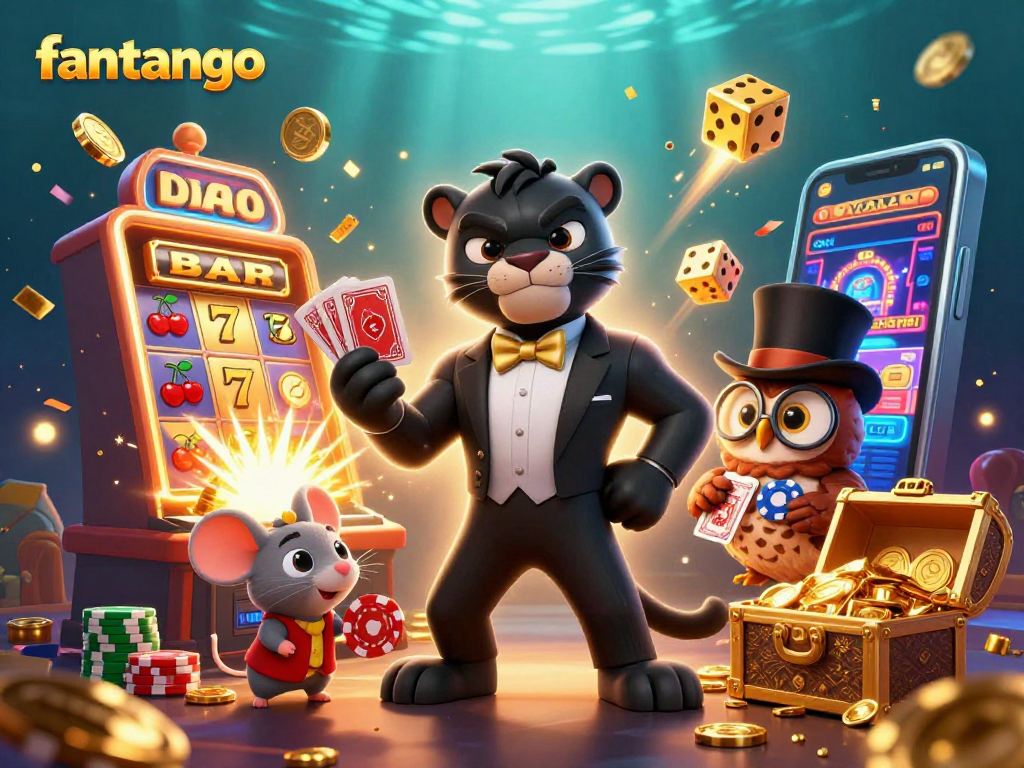 Experience the excitement of fantango with a stylish black panther dealing cards among casino elements in a dynamic scene.