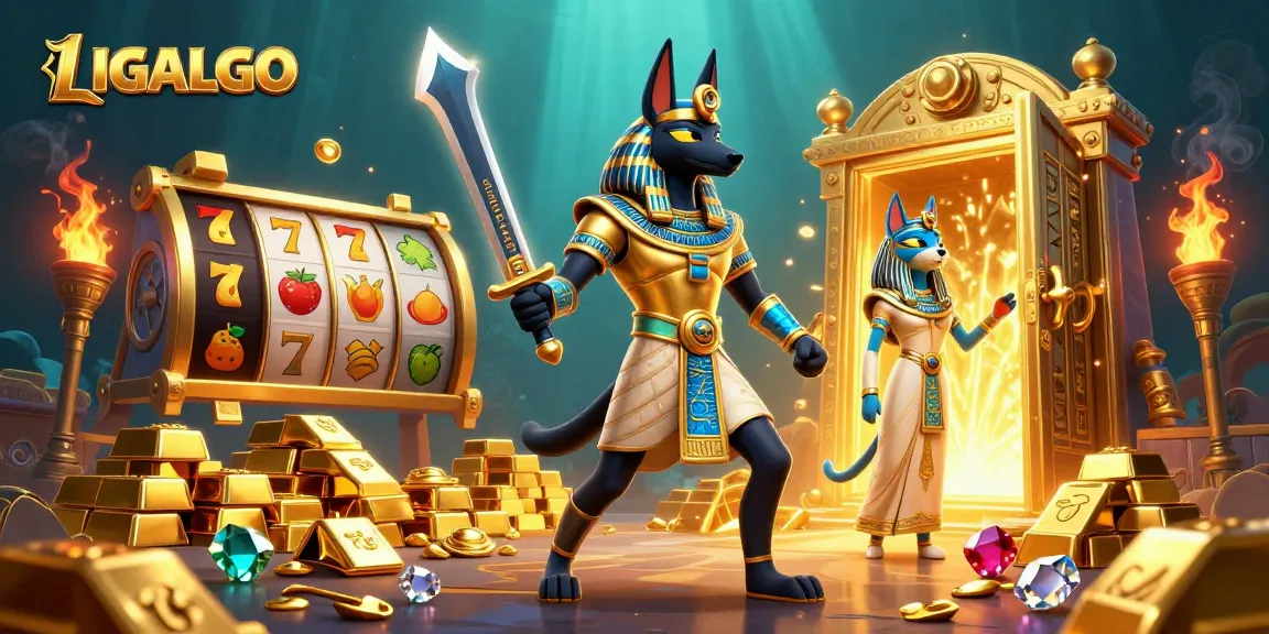 LIGALGO showcases an energetic 3D illustration of Anubis and Bastet amidst slot reels and treasures.