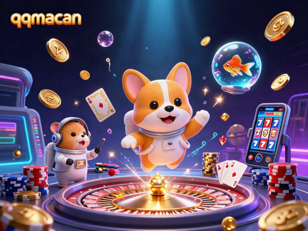 Experience thrilling gaming with qqmacan in a vibrant casino scene featuring astronauts and playful elements.