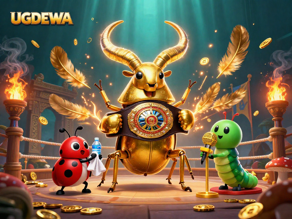 Engage in thrilling gameplay with UGDEWA's vibrant gaming scene featuring a giant golden stag beetle champion.