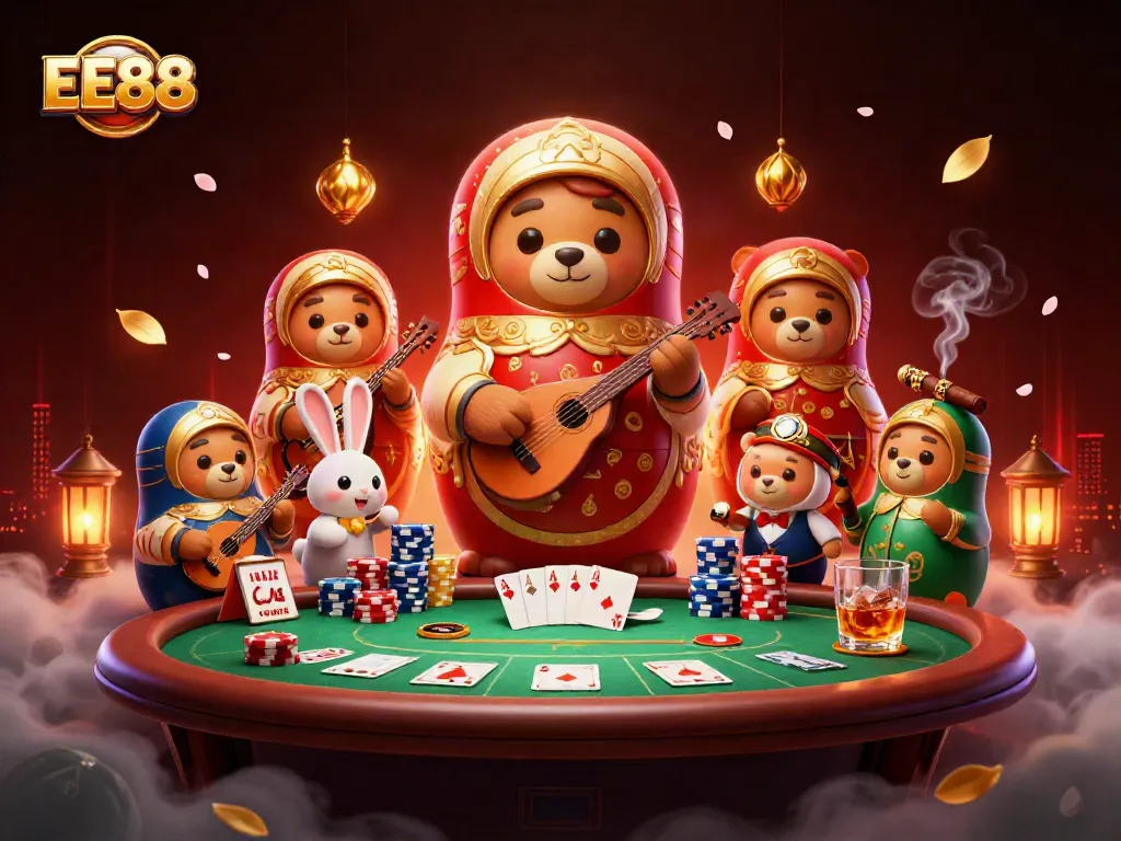 Experience the excitement of EE88's vibrant gambling scene with delightful characters and casino elements.