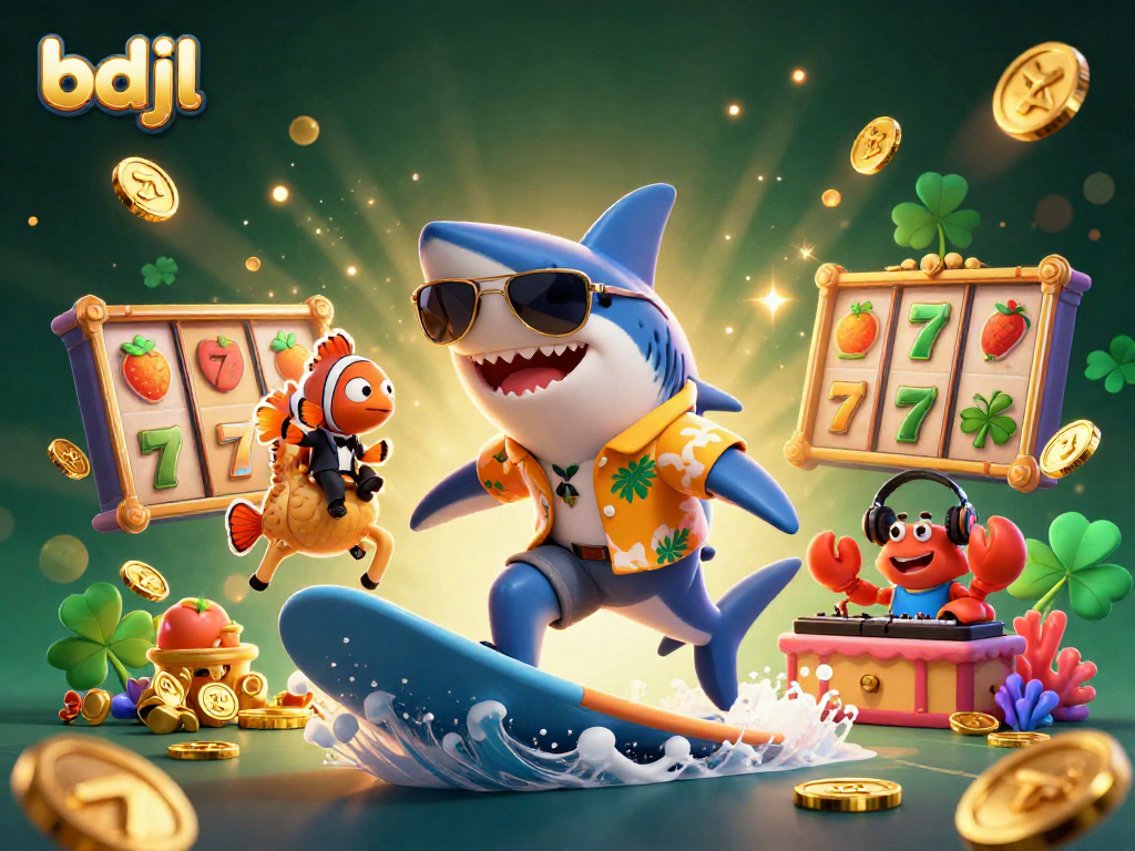 Engage with bdjl's thrilling slots scene featuring a shark and colorful characters.