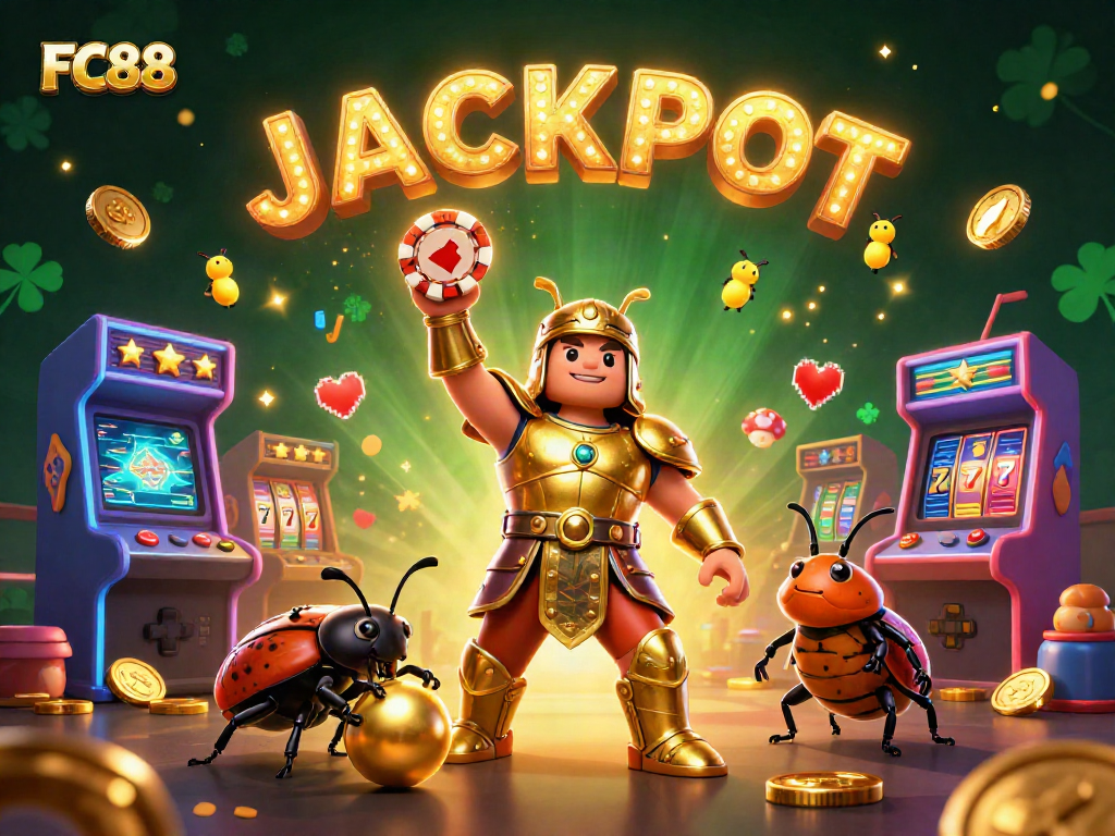 FC88 the gladiator beetle celebrates a jackpot victory in a vibrant casino-inspired scene.
