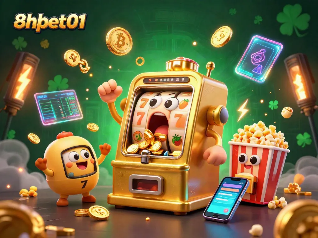 8xbet01 celebrates wins with vibrant slot machines and crypto coins in a dynamic casino scene.