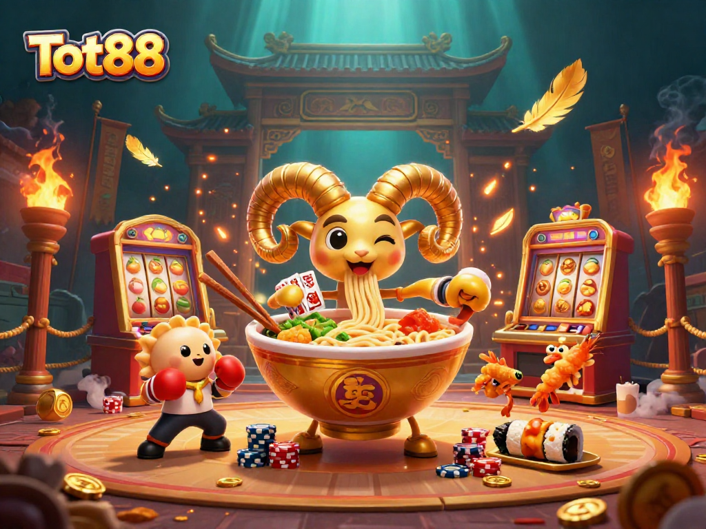 Engage in epic gaming at Tot88 with a vibrant scene of card-dealing ramen and sushi characters.