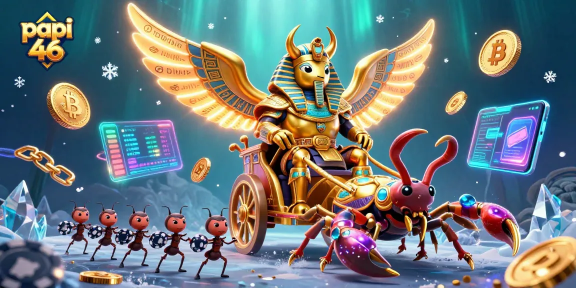 Permainan kasino di papi 46, menggambarkan scarab emas dan skorpion mengelilingi chip poker.