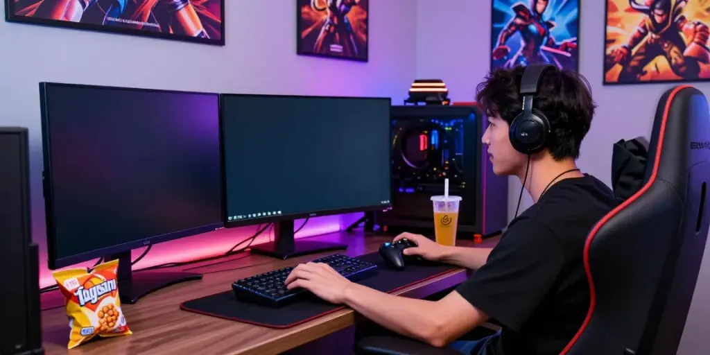 Player enjoying a thrilling gaming session at EE88, surrounded by high-tech gaming setup and vibrant atmosphere.