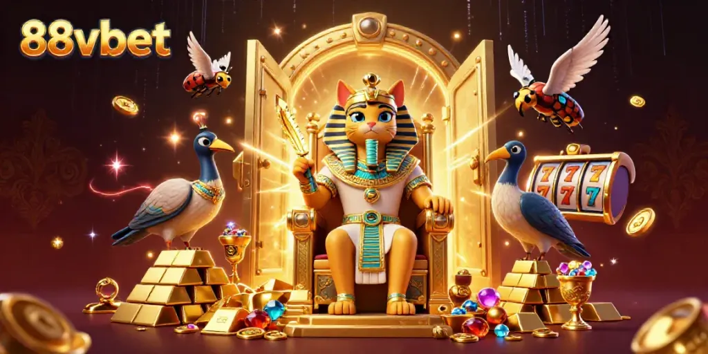 Experience the dynamic world of slots with 88vbet, featuring a thrilling pharaoh cat and dazzling treasures.