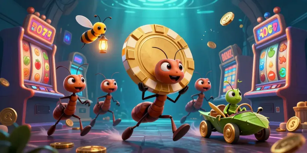 Engaging illustration of tokeslot heist with ants carrying a huge chip amidst slot machines and coins.