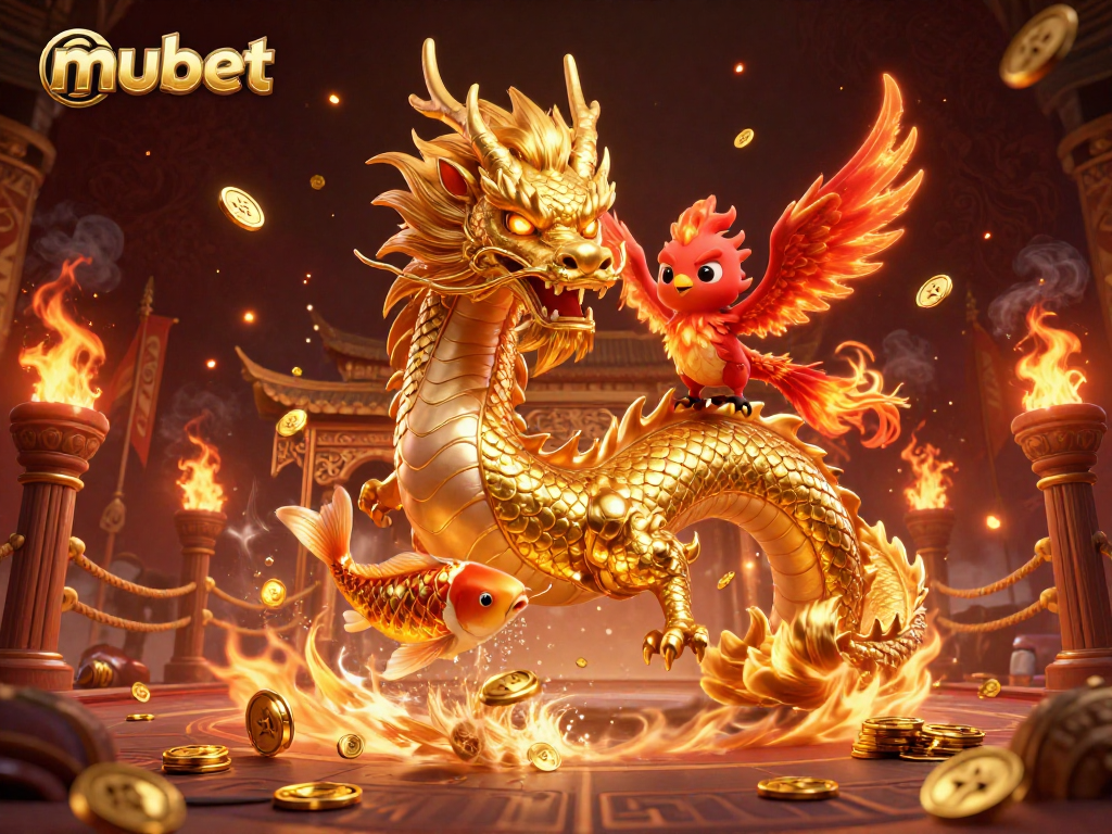 Engage with the powerful dragon and fiery phoenix in the mubet gambling world, surrounded by gold coins and betting tokens.