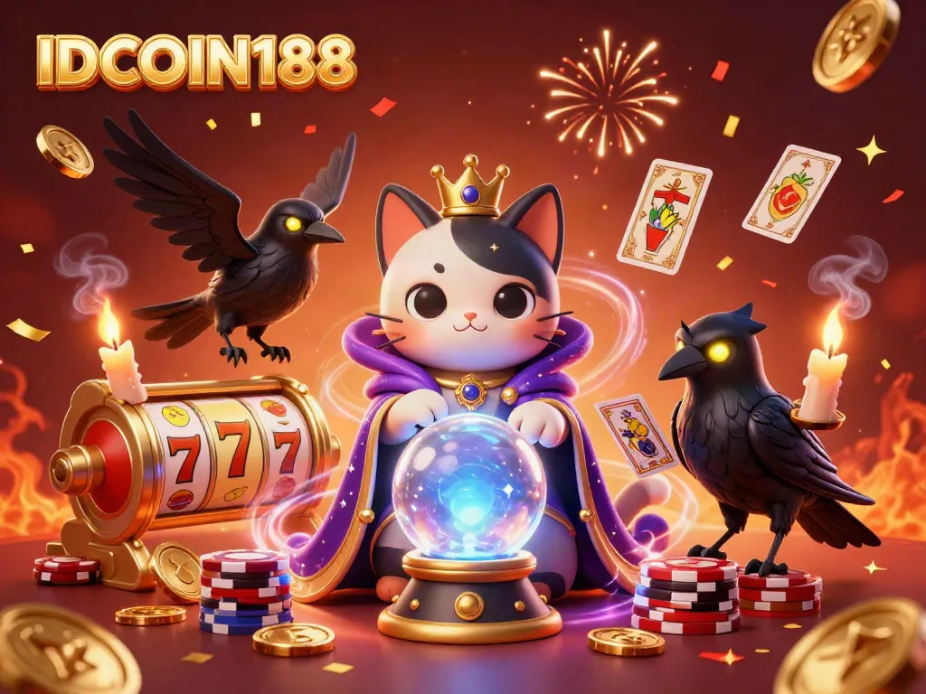 Engage with luck at IDCOIN188's vibrant casino scene featuring a mystical fortune teller cat, spinning slot reels, and festive coins.