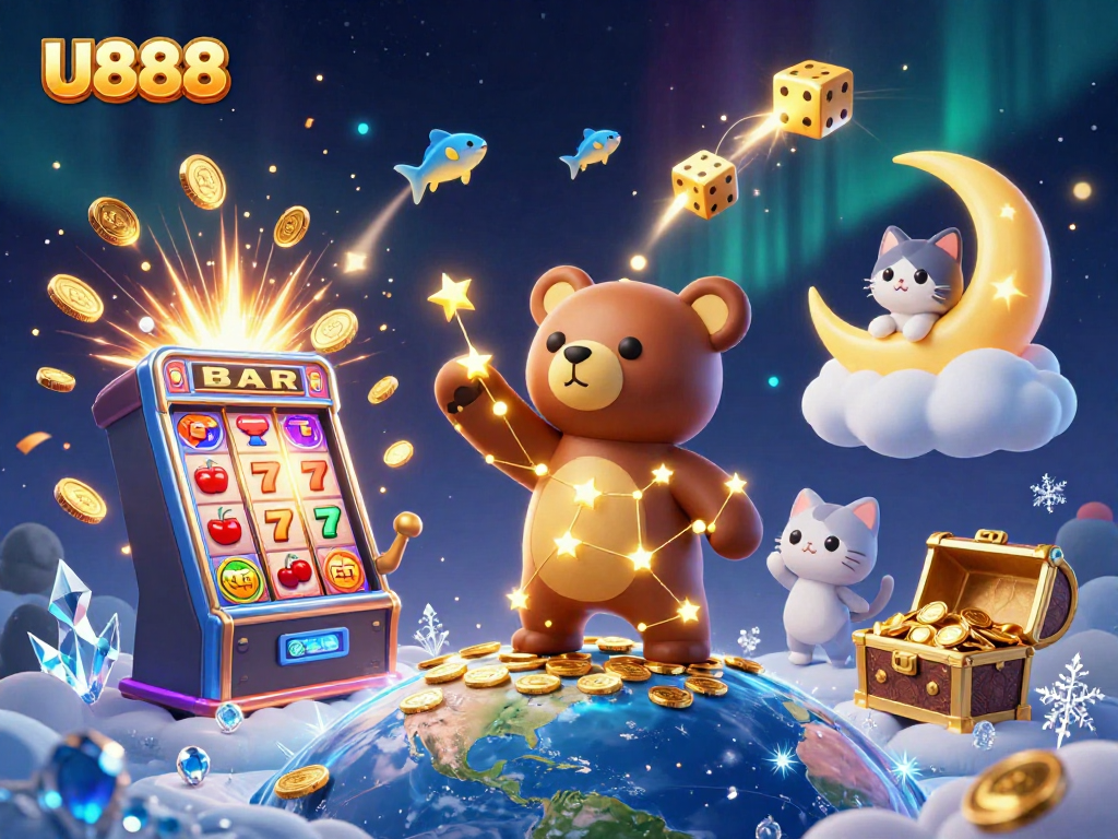 Play exciting casino games at U888 with a constellation bear and jackpot action in a cosmic setting.