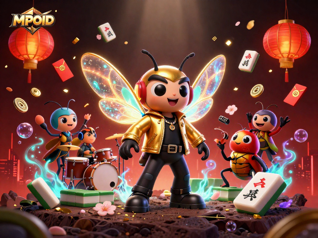 Engage with MPOID's vibrant 3D scene showcasing a rock star and festive gambling elements.