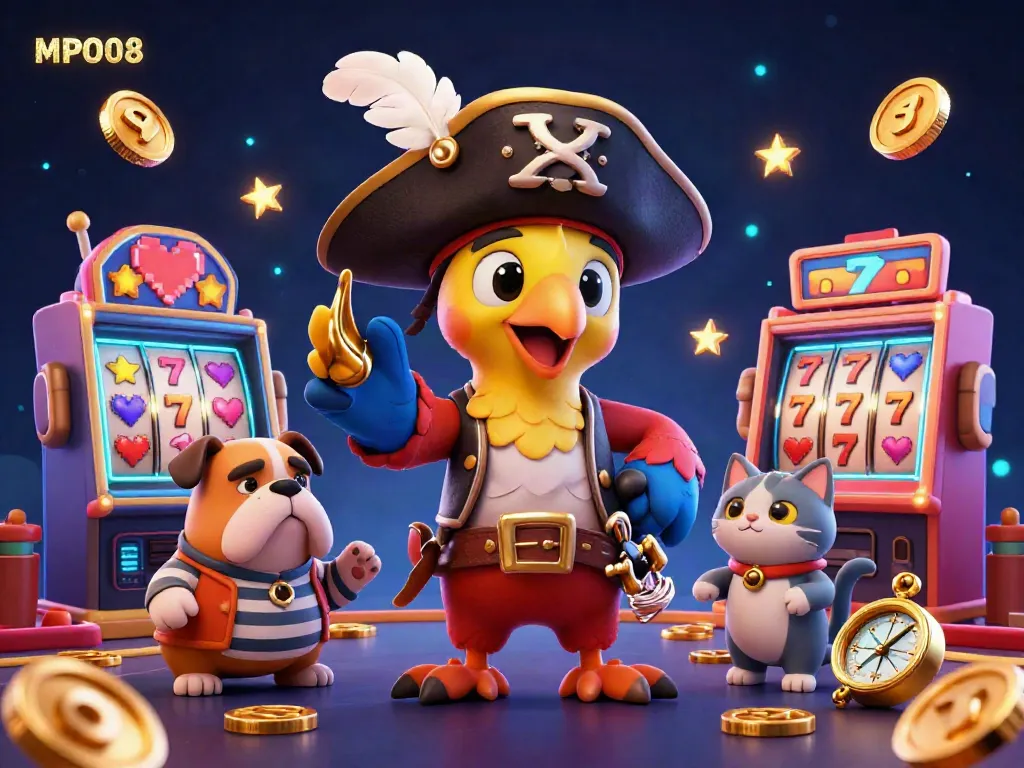 MPO08 slots come alive with a pirate captain parrot, bulldog mate, and cat navigator in a vibrant casino atmosphere.