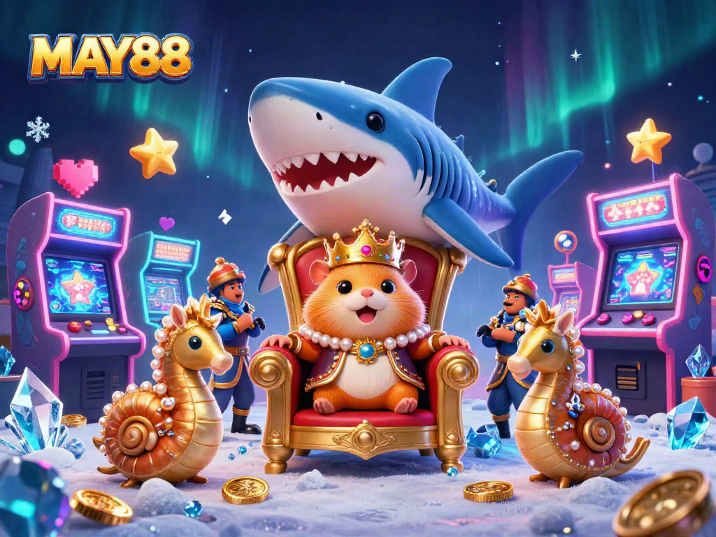 MAY88 casino scene featuring a golden hamster king and arcade games, emphasizing vibrant gambling excitement.