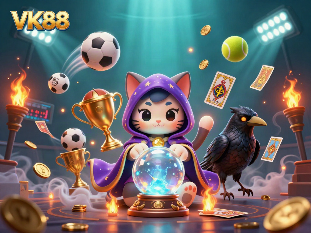 Engage with VK88 in a thrilling sports betting illustration featuring mystical characters and vibrant game elements.
