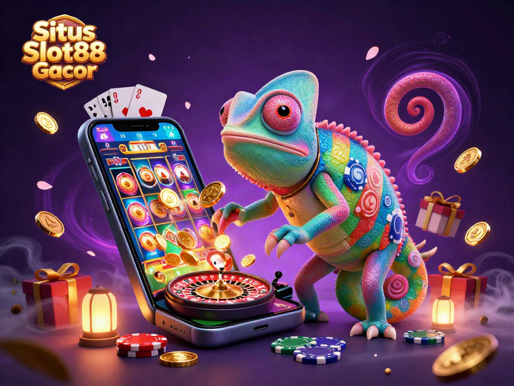 Situs Slot88 Gacor showcases a vibrant chameleon casino owner amidst joyous gambling elements.