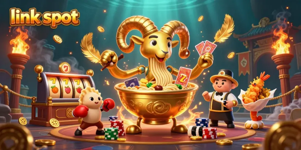 Ilustrasi 3D slot kasino dengan karakter ceria, simbol keberuntungan, dan atmosfer judi yang dinamis.