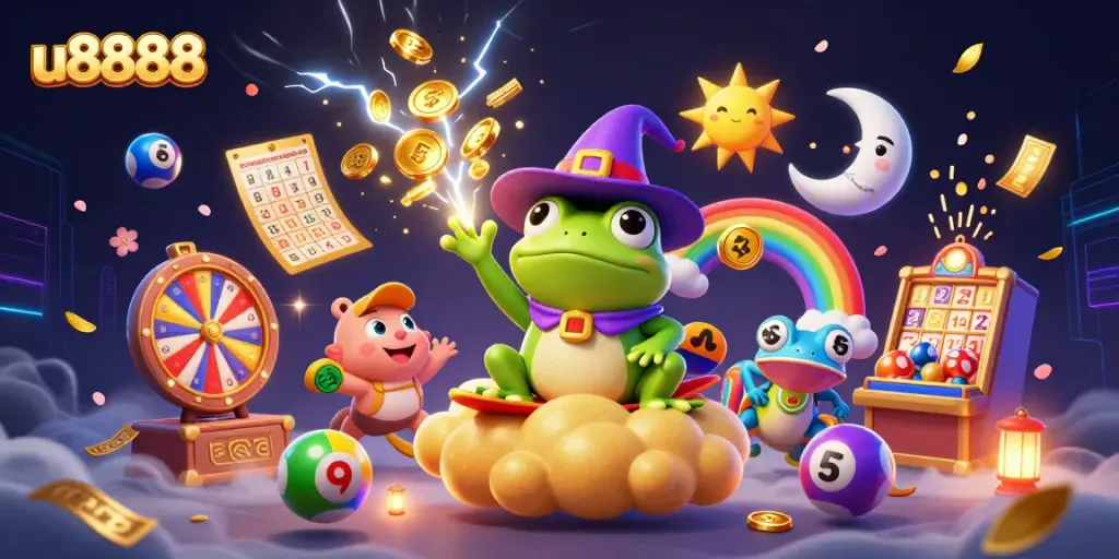 u8888 celebrates casino gaming with colorful elements and lively characters in a vibrant 3D illustration
