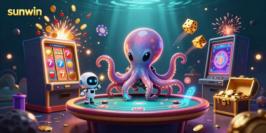 Win big with sunwin at this vibrant virtual casino themed illustration.
