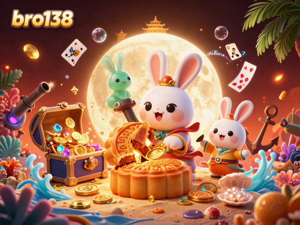 Experience the vibrant world of bro138 with a whimsical moon rabbit and golden casino treasures.