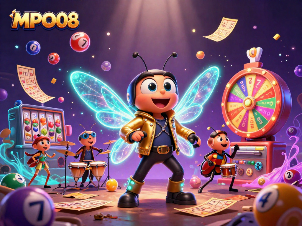 MPO08 showcases a vibrant gaming scene with cartoon characters and dynamic casino elements like slot reels and lottery balls.