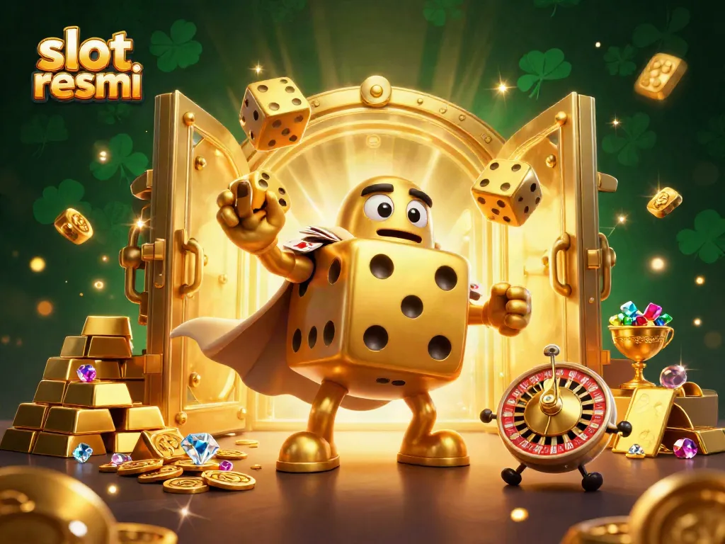 Experience the thrill of slot resmi with golden dice and treasures in this vibrant casino illustration.
