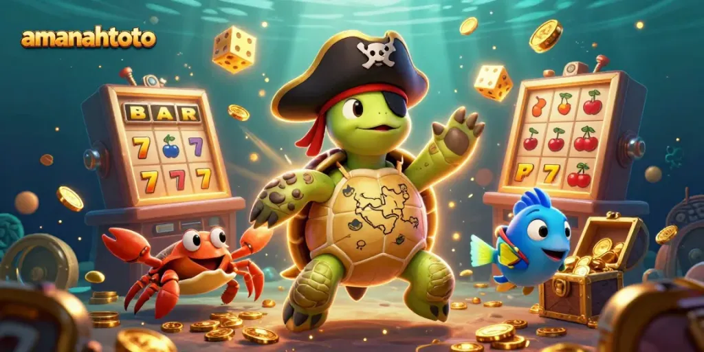 Menggali keseruan bermain slot di amanahtoto dengan ilustrasi 3D penuh warna dan elemen menarik.