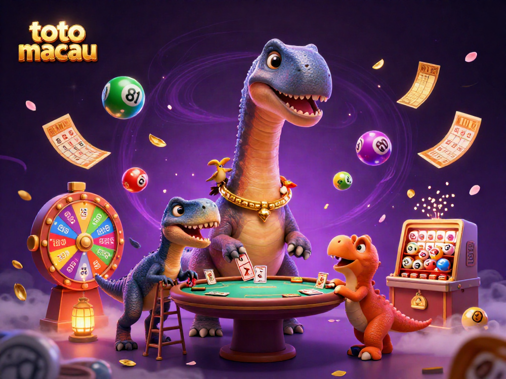 Engage with the thrilling toto macau scene featuring a towering brontosaurus interacting with dynamic gambling elements.
