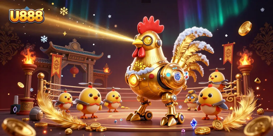 U888 showcases an electrifying 3D illustration with a golden rooster robot and drones, capturing casino action.