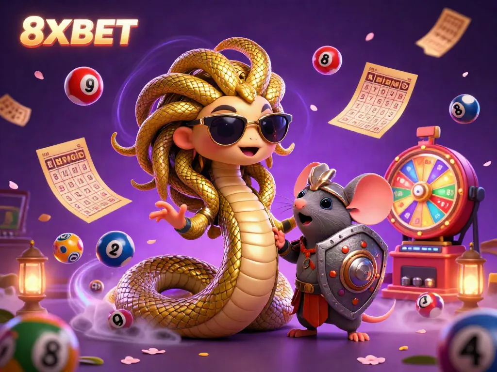 Experience the thrill of 8XBET with Medusa and a warrior mouse amidst vibrant casino elements.