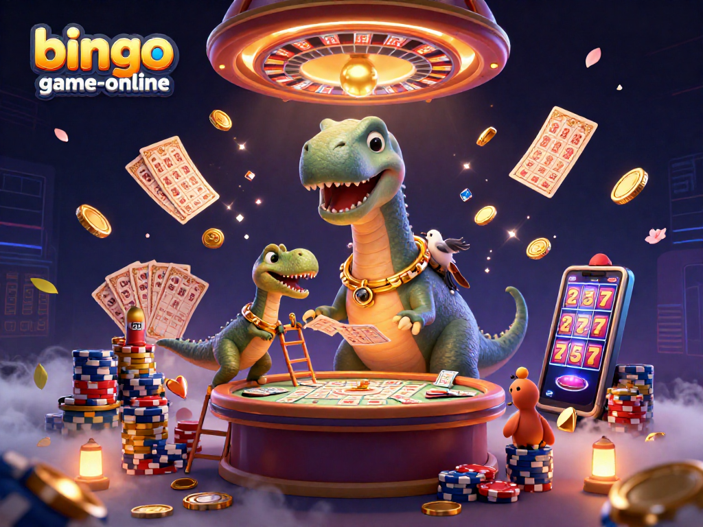 Catch excitement with bingo-game-online as colorful cards and coins burst from a lively casino scene.