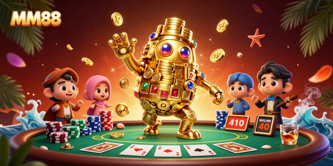 Experience MM88's thrilling casino world with a golden golem and poker elements.