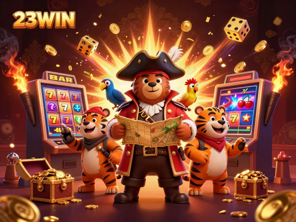 Experience thrilling gameplay with 23WIN's jackpot explosion, featuring casino characters in action.