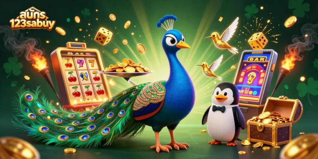 Engage with สมัคร 123sabuy in a vibrant casino scene with dazzling characters and exciting gaming elements.